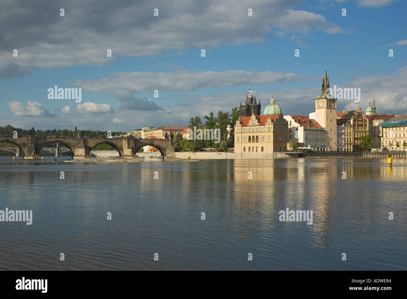 Czech Republic Prague view across Vltava River toward Charles Bridge and Stare Mesto Stock Photo
