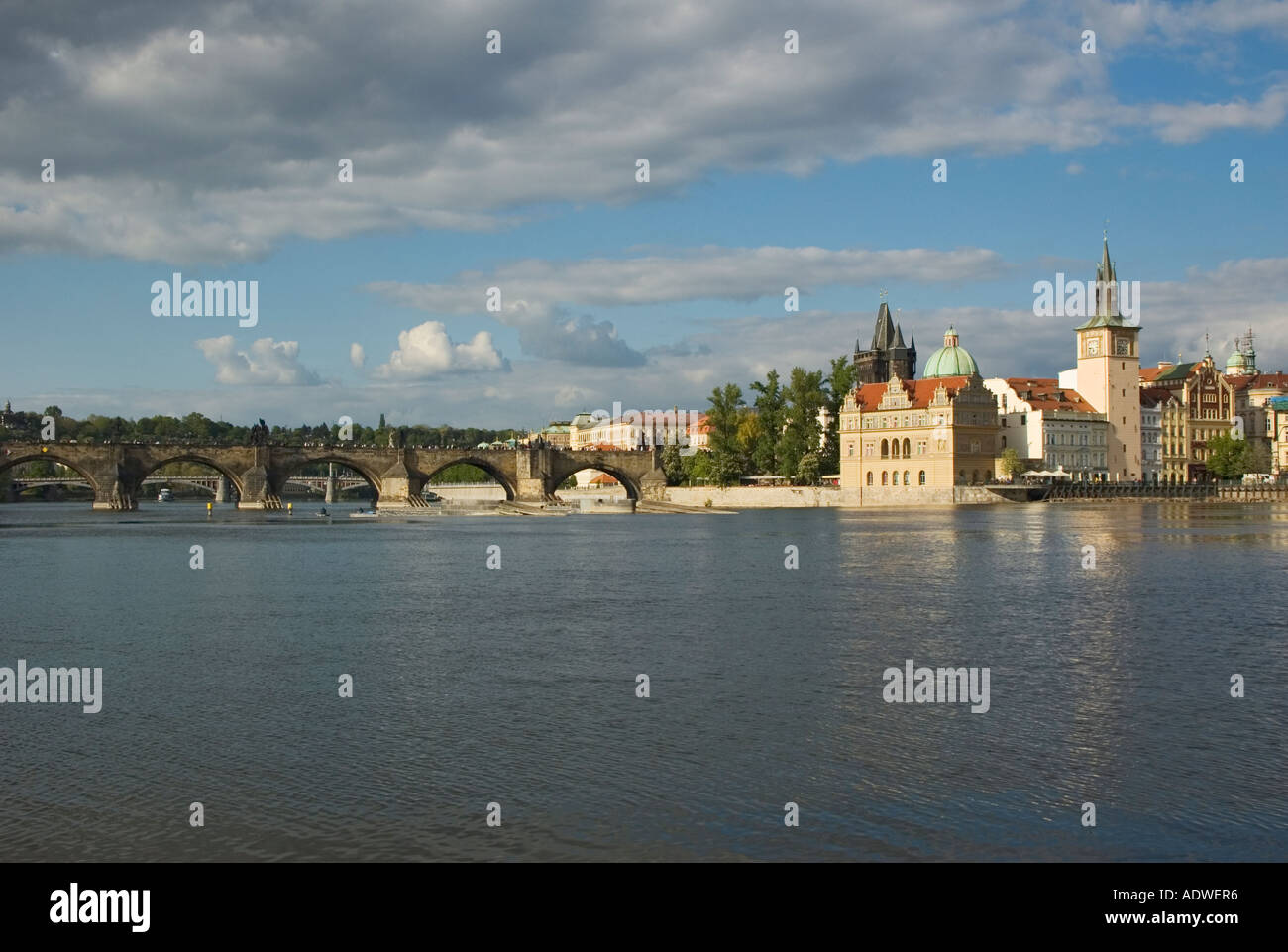 Czech Republic Prague view across Vltava River toward Charles Bridge and Stare Mesto Stock Photo