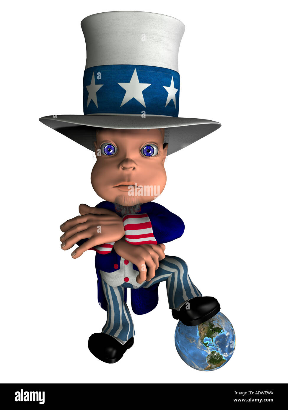 National figure Uncle Sam stands on the globe as symbol for control and the influence of the USA on the world Stock Photo