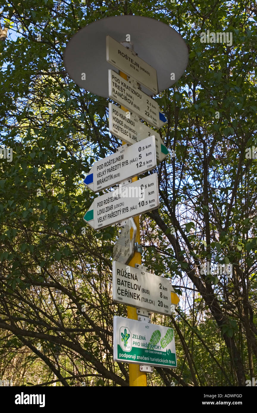 Czech Republic Jihlavasko Region hiking trail sign at Rostejn Castle Stock Photo