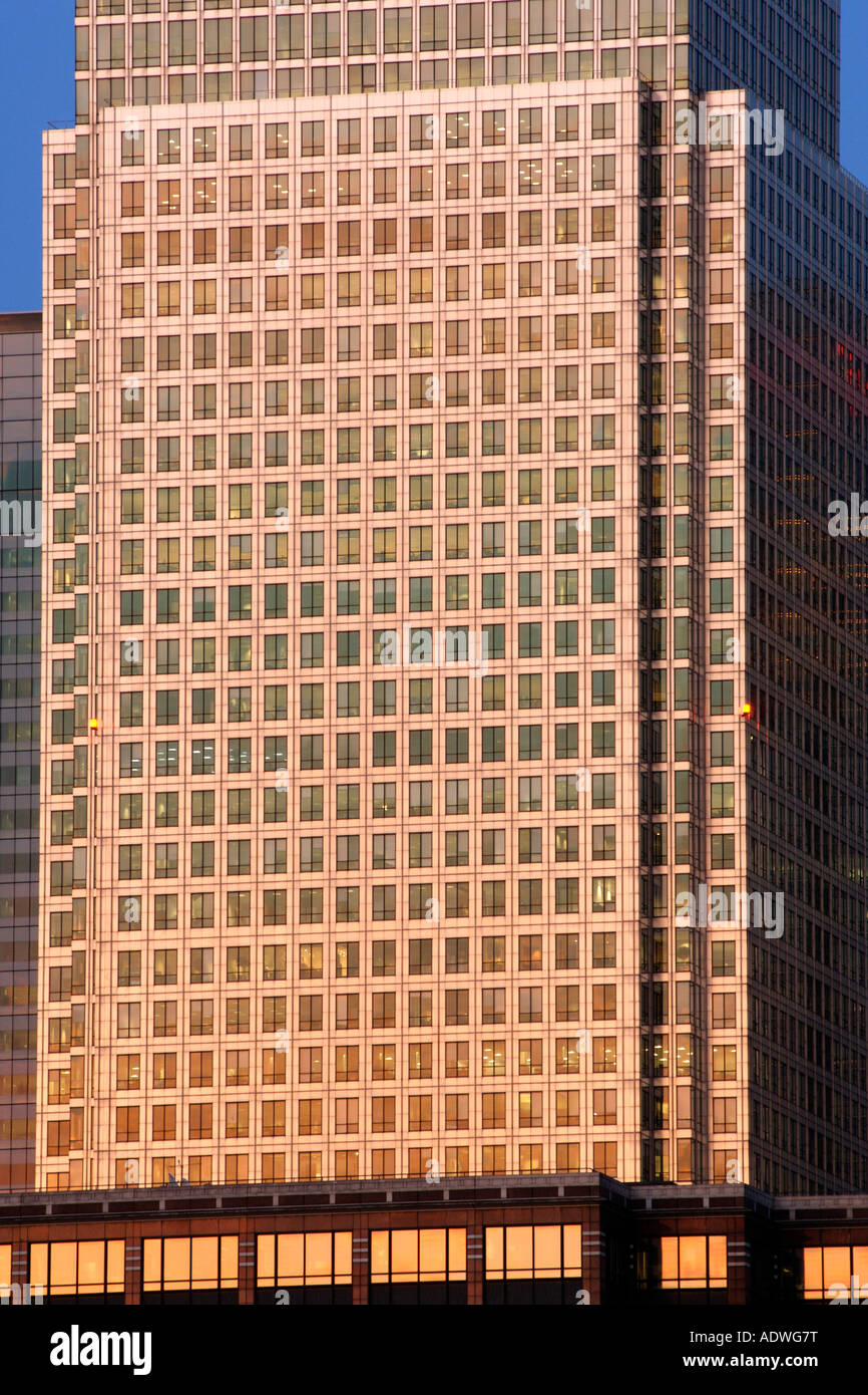 Tight shot of the side of Canary Wharf Tower in the docklands on the Isle of Dogs in London. Stock Photo