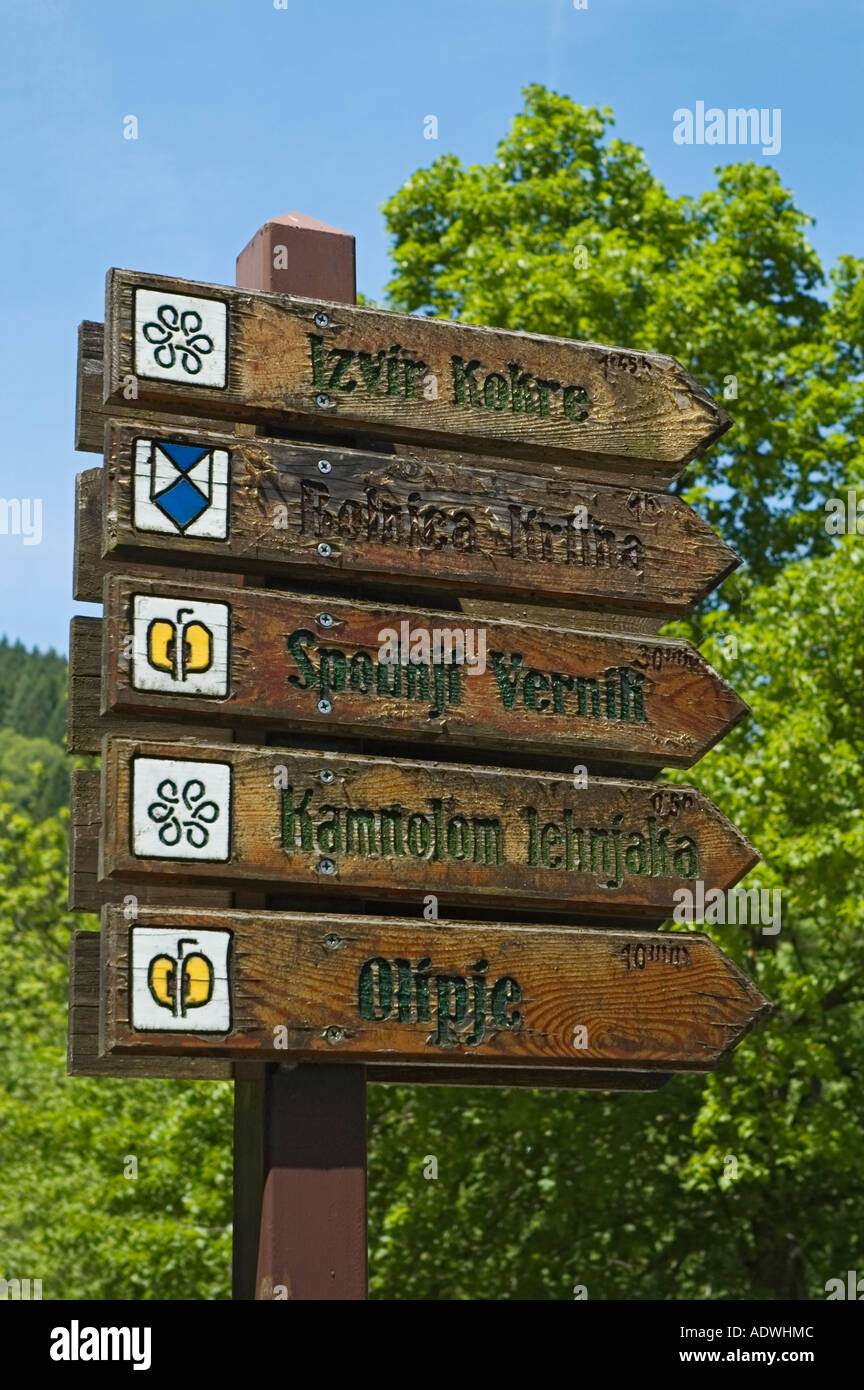 Slovenia old wood trail sign Stock Photo
