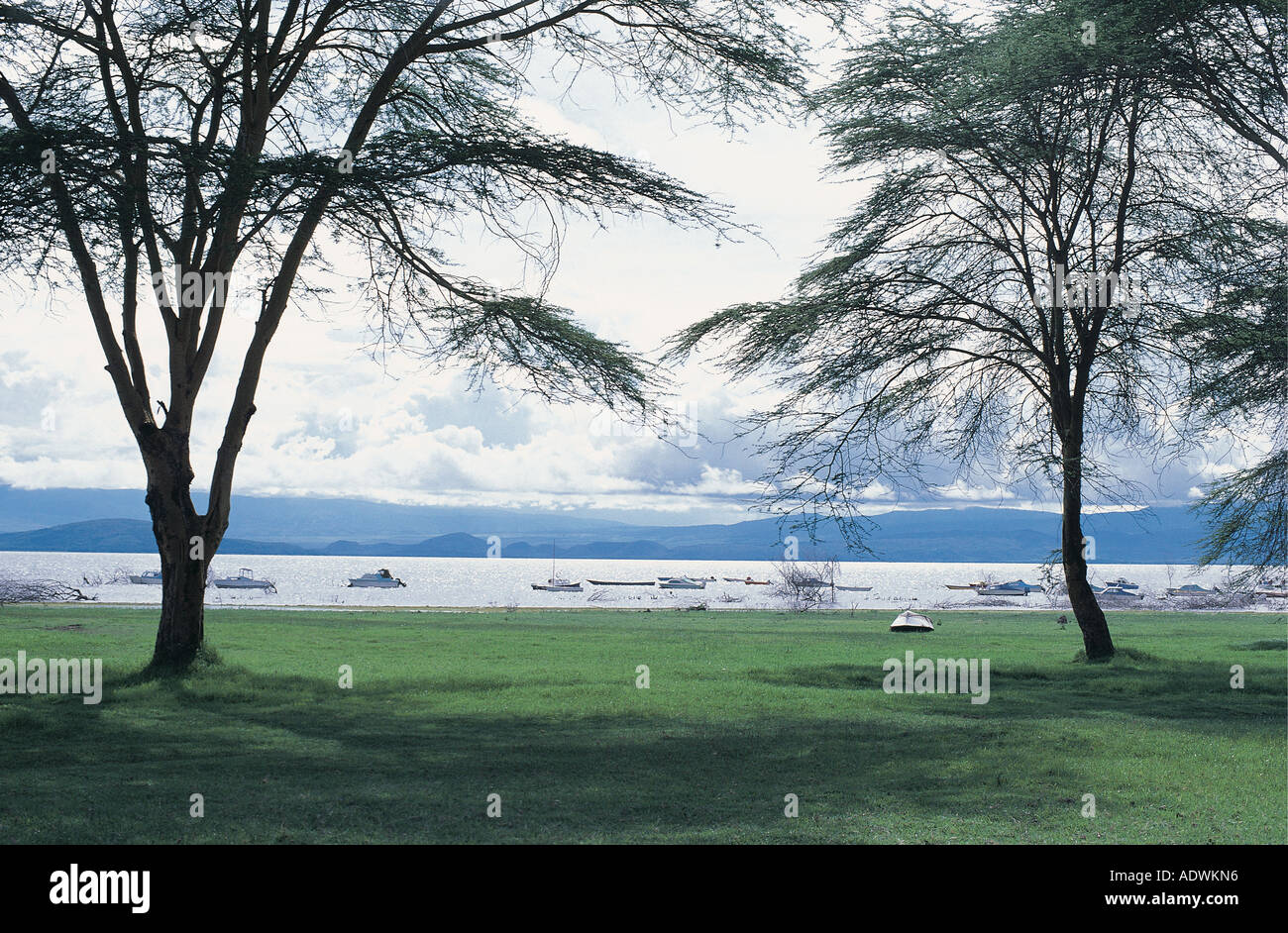 Open green grass lawns sloping down to the shore of Lake Naivasha in the Great Rift Valley Kenya East Africa Stock Photo