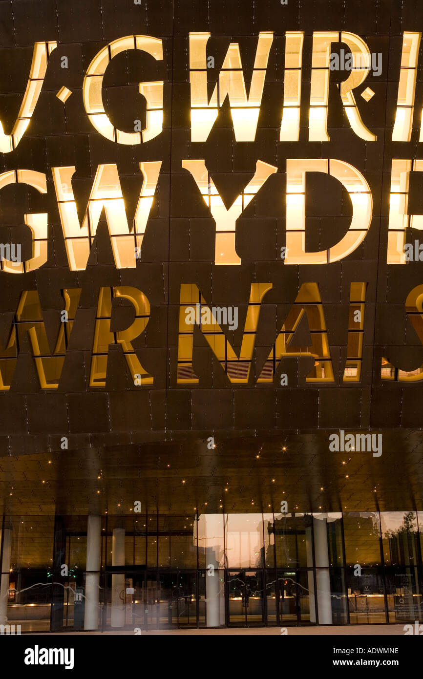 Wales Cardiff Cardiff Bay Millennium Centre entrance at night Stock Photo