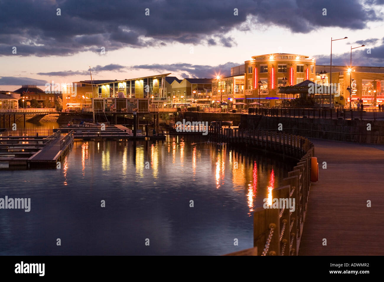 Wales Cardiff Cardiff Bay redeveloped seafront at night Stock Photo
