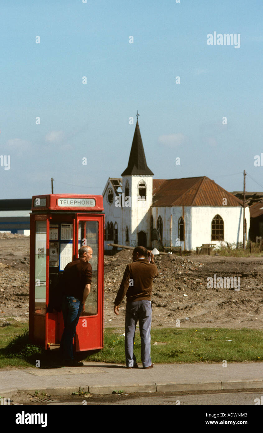 Wales Cardiff Docks in 1970s K8 Phone Box near derelict historic Norwegian Church before regeneration Stock Photo