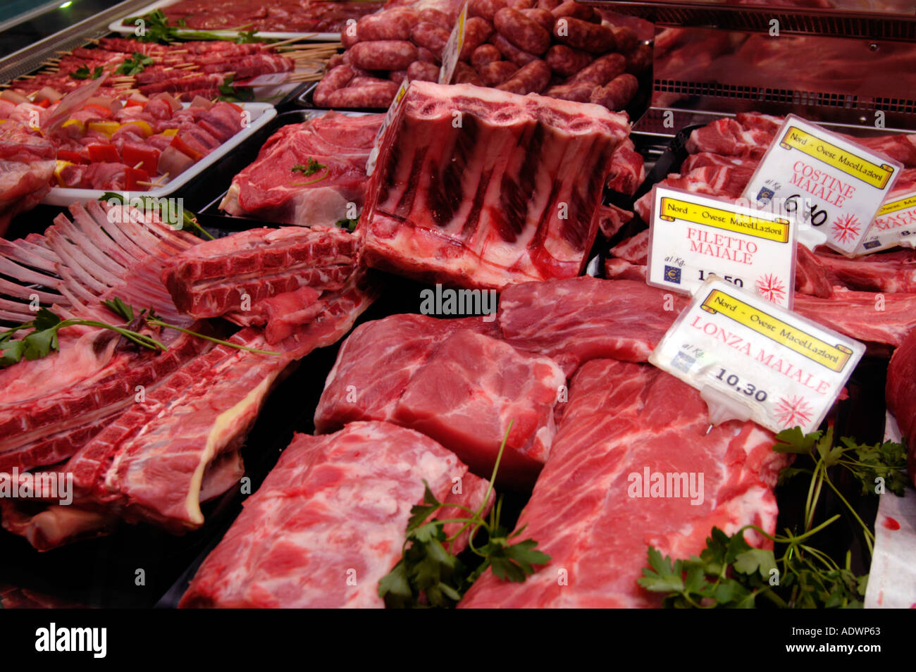 Red meat in butcher shop window, Italy Stock Photo Alamy