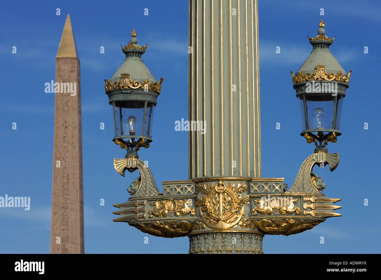 Streetlight and Obelisk of Luxor in Place de la Concorde Paris France Stock Photo