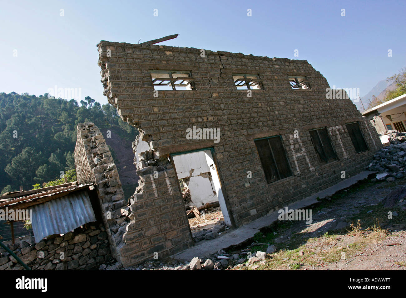 Buildings demolished in earthquake area of Azad Jammu Kashmir in village of Pattika Pakistan Stock Photo
