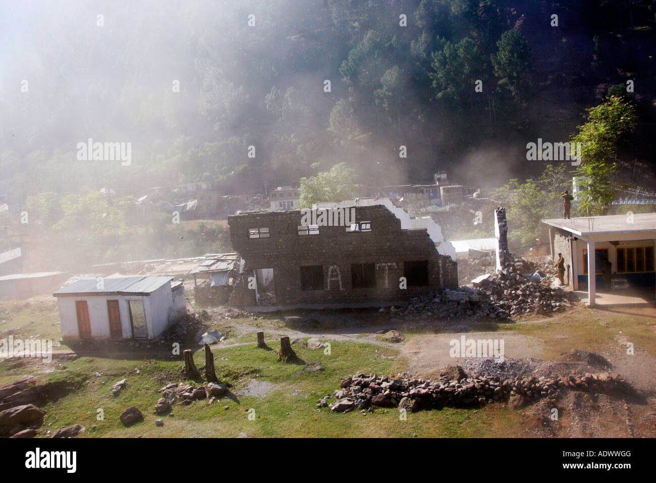 Buildings demolished in earthquake area of Azad Jammu Kashmir in village of Pattika Pakistan Stock Photo