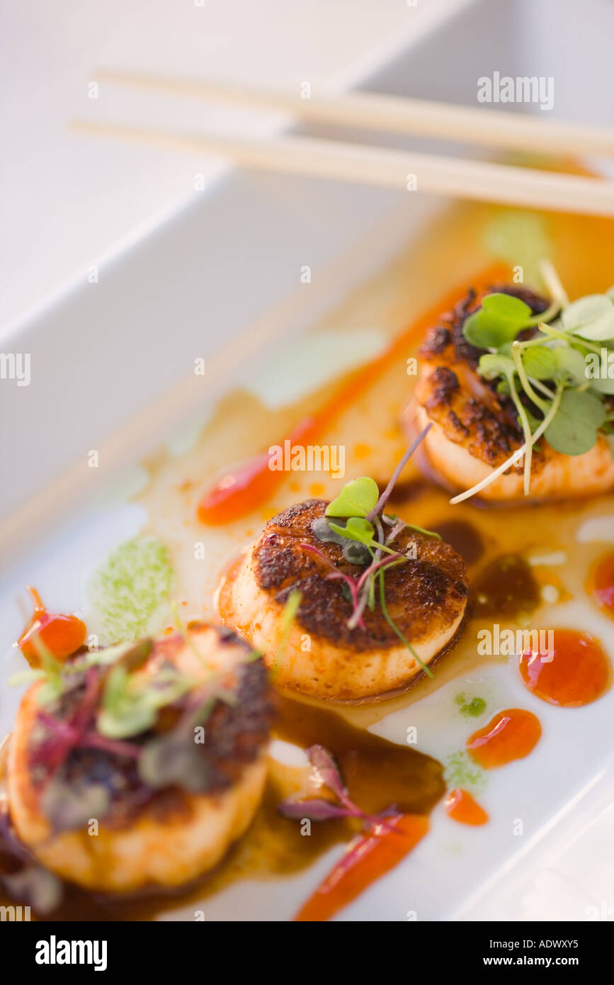 seared sea scallops Aqua Blue Restaurant Gaslamp Quarter San Diego California Stock Photo Alamy