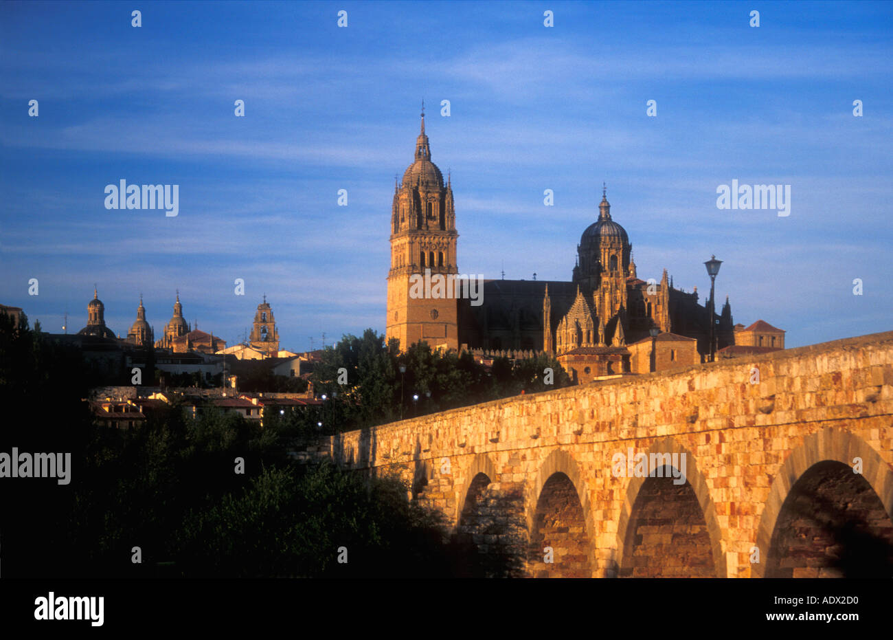 Salamanca Cathedrals from Roman Bridge at sunset Spain Europe EU Stock Photo