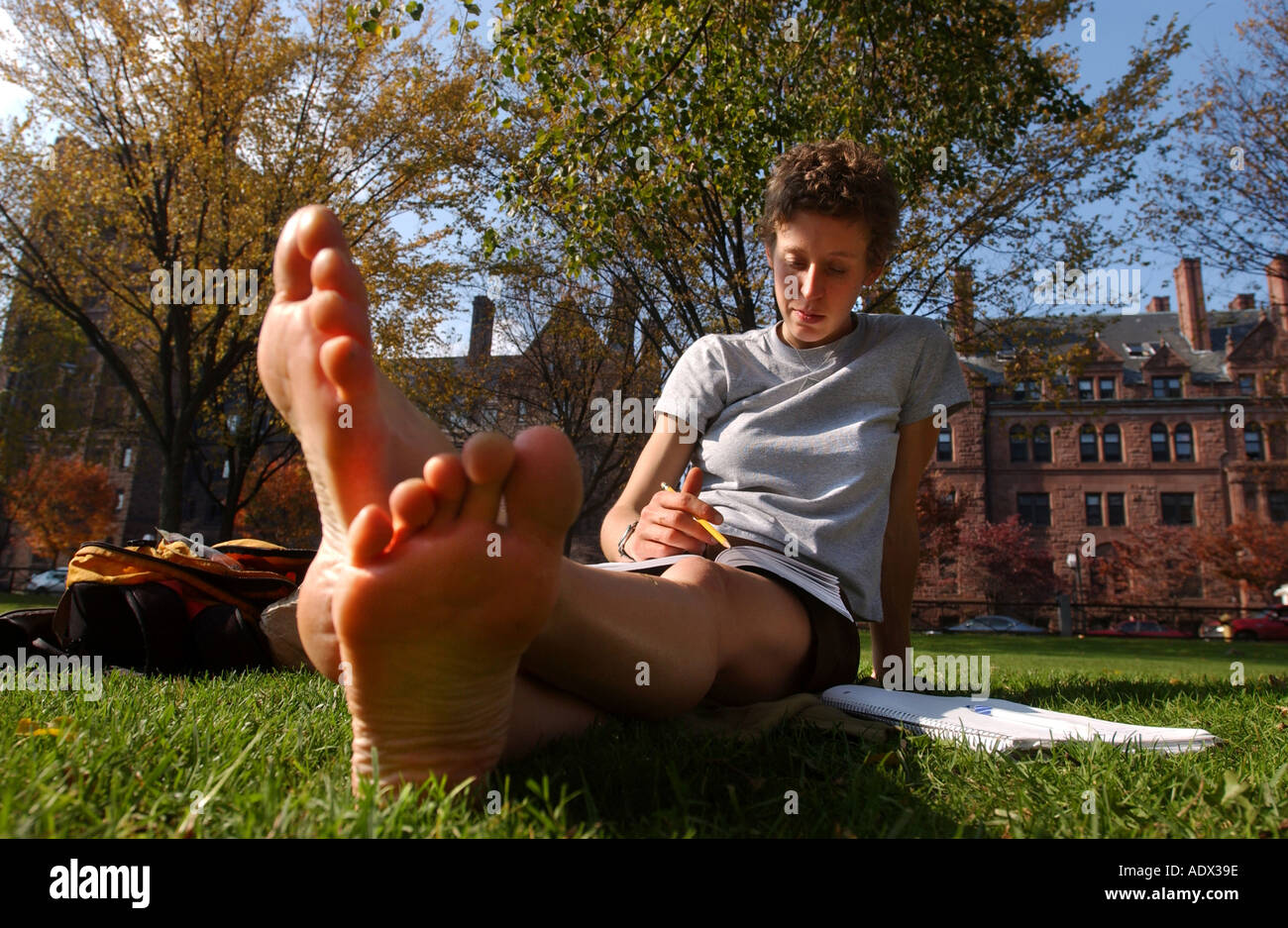 Student reading on the New Haven Green at Yale University Stock Photo