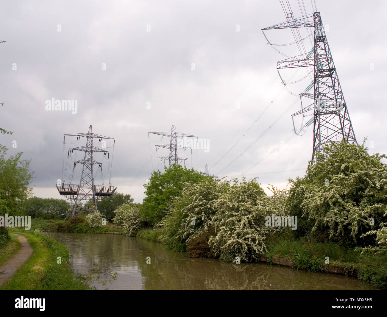 Electricity pylons in the Midlands of England by the Oxford canal Stock Photo