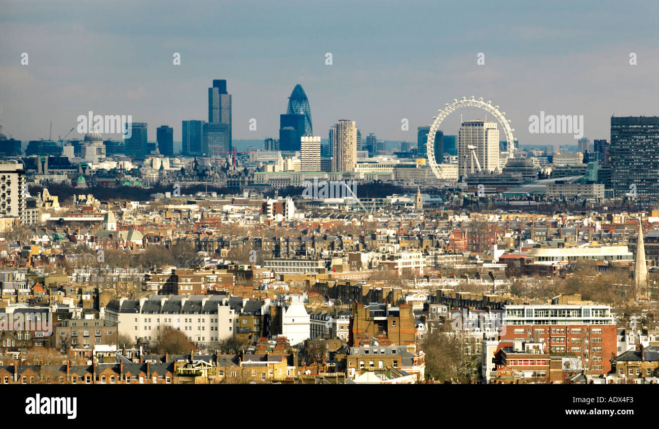 View of west London showing Chelsea houses with the city in the distance 2004 Stock Photo