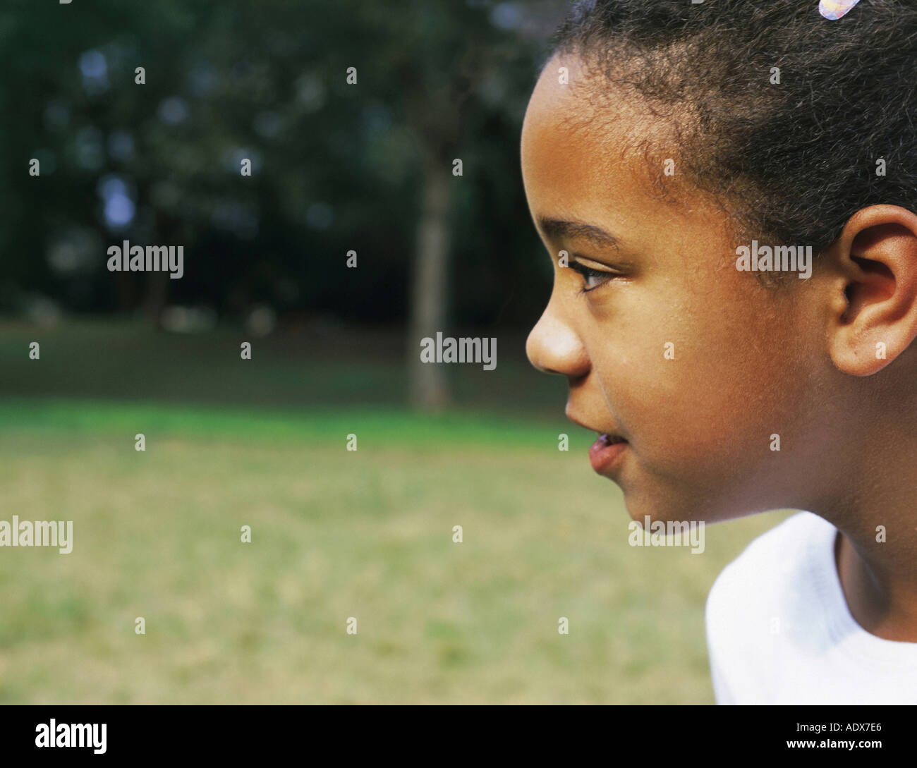 Children Little Black Young Girl Profile Smile Smiling White Shirt