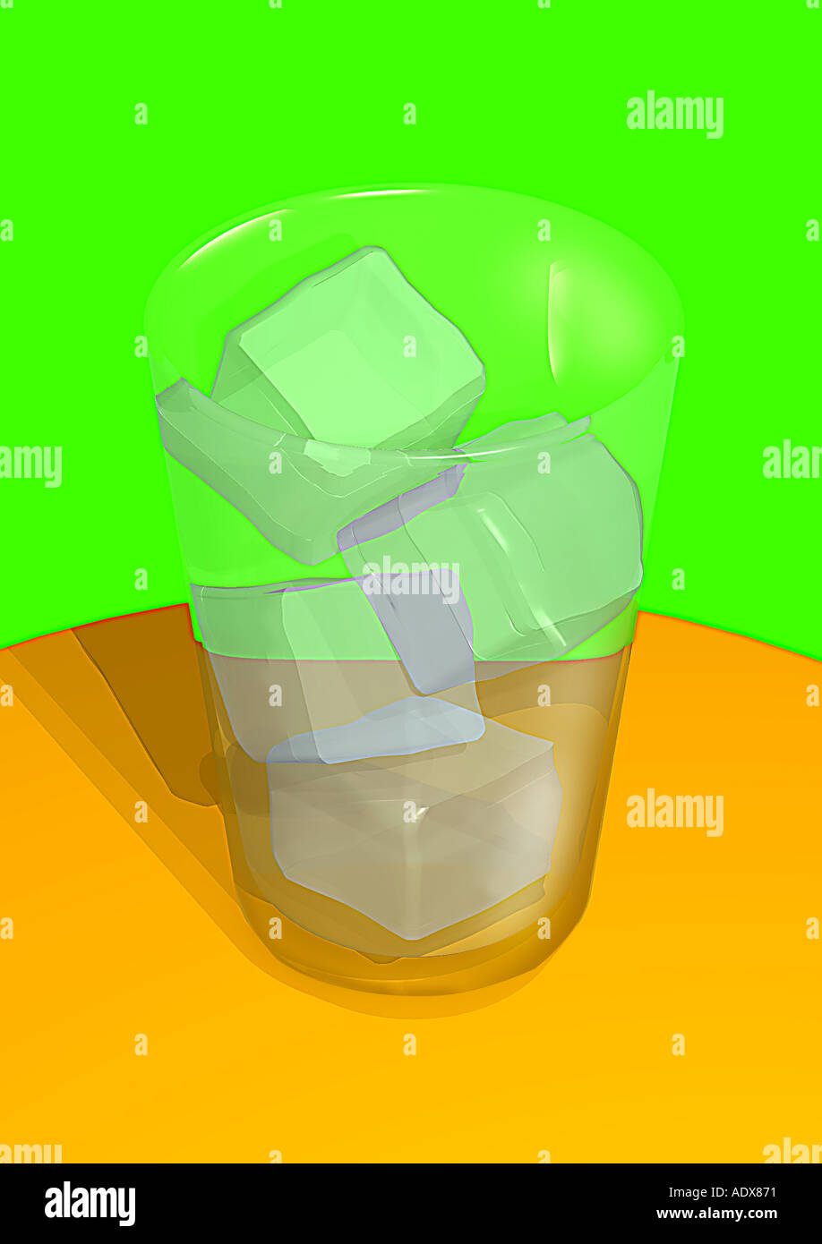Illustrations stylized green orange ice cubes icecubes cube invisible virtual image empty glass rocks miscellaneous backgrou Stock Photo