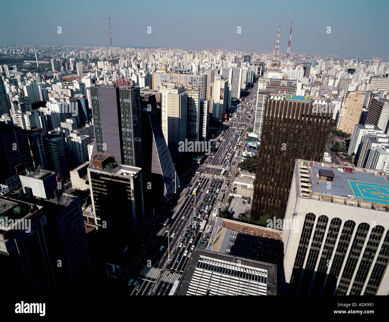 Travel São Paulo bird s eye view aerial panorama avenida paulista avenue downtown sao paulo urban busy buildings traffic Stock Photo