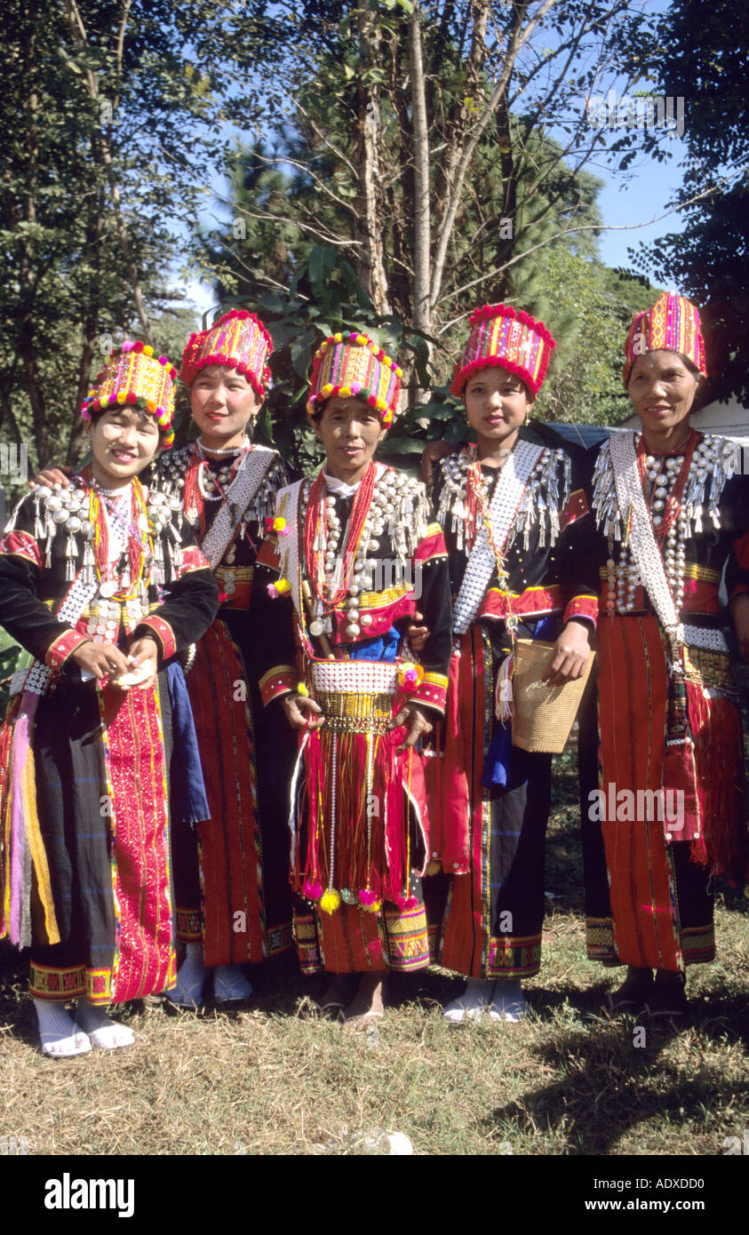 Group of Kachin or Jingpo  tribal girls at a traditional Manao festival in Myitkina northern  Burma ,Myanmar Stock Photo