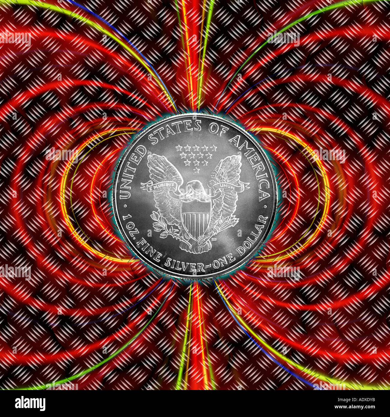 Eclectic conceptual featuring a silver dollar against a backdrop of a