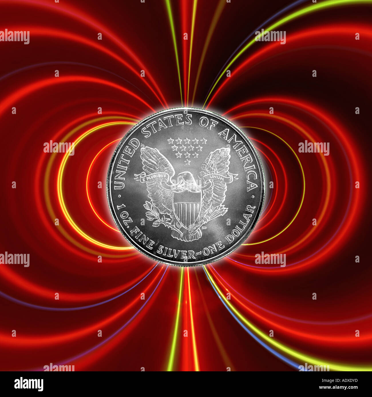 Eclectic conceptual featuring a silver dollar against a backdrop of a