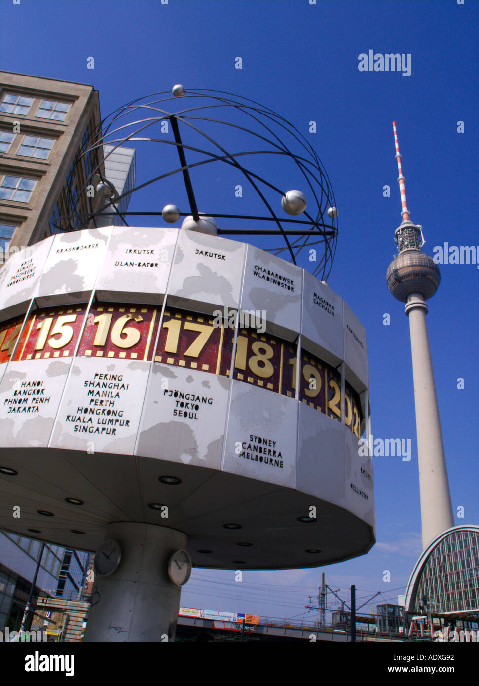 World Time Clock and the Television Tower in Alexanderplatz Mitte in Berlin Germany 2005 Stock Photo