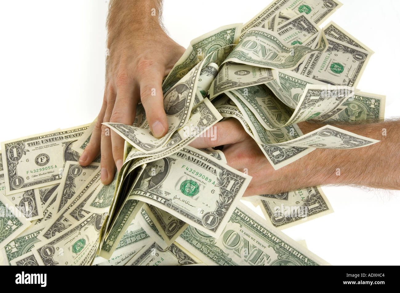 hands grab at money snatsch one dollar 1 notes currency covetousness