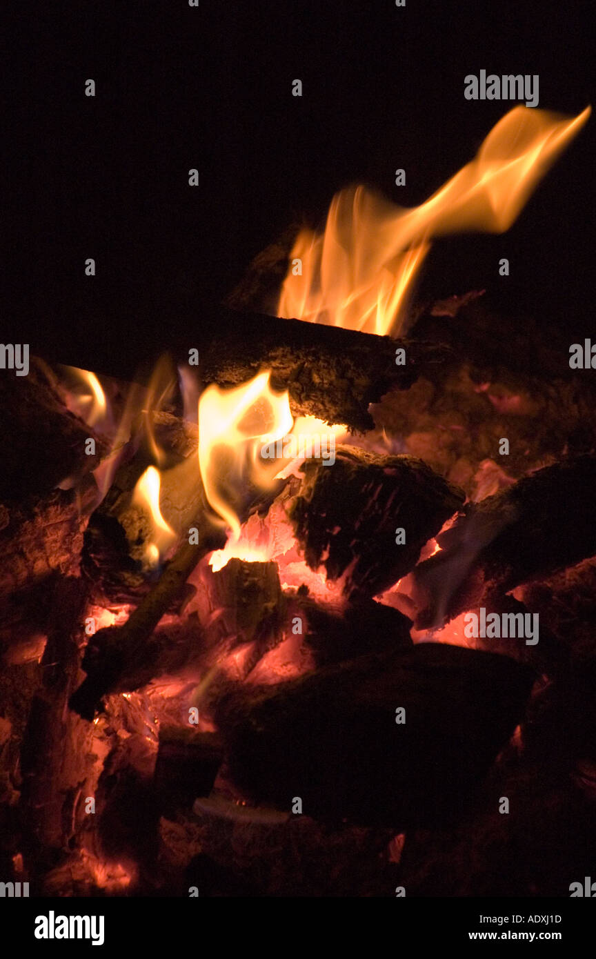 Campfire burning brightly Stock Photo