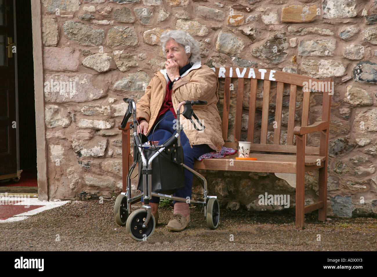 Old lady on seat with walking frame Stock Photo Alamy