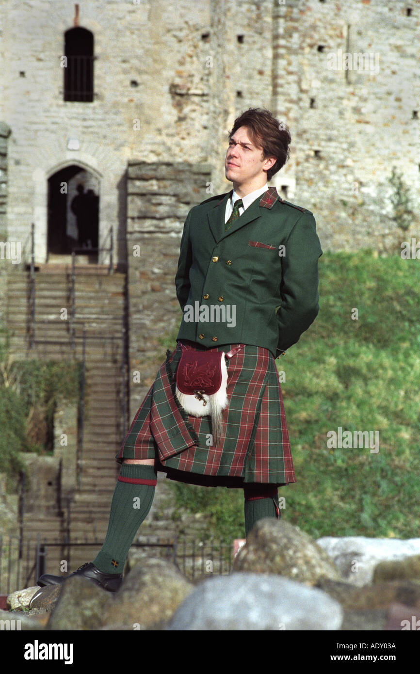 Man wearing Welsh kilt in St Davids tartan at Cardiff Castle South Wales UK Stock Photo