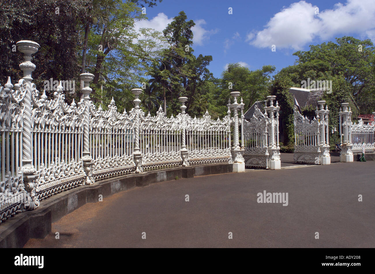 wrought iron gate of pamplemousses garden Stock Photo