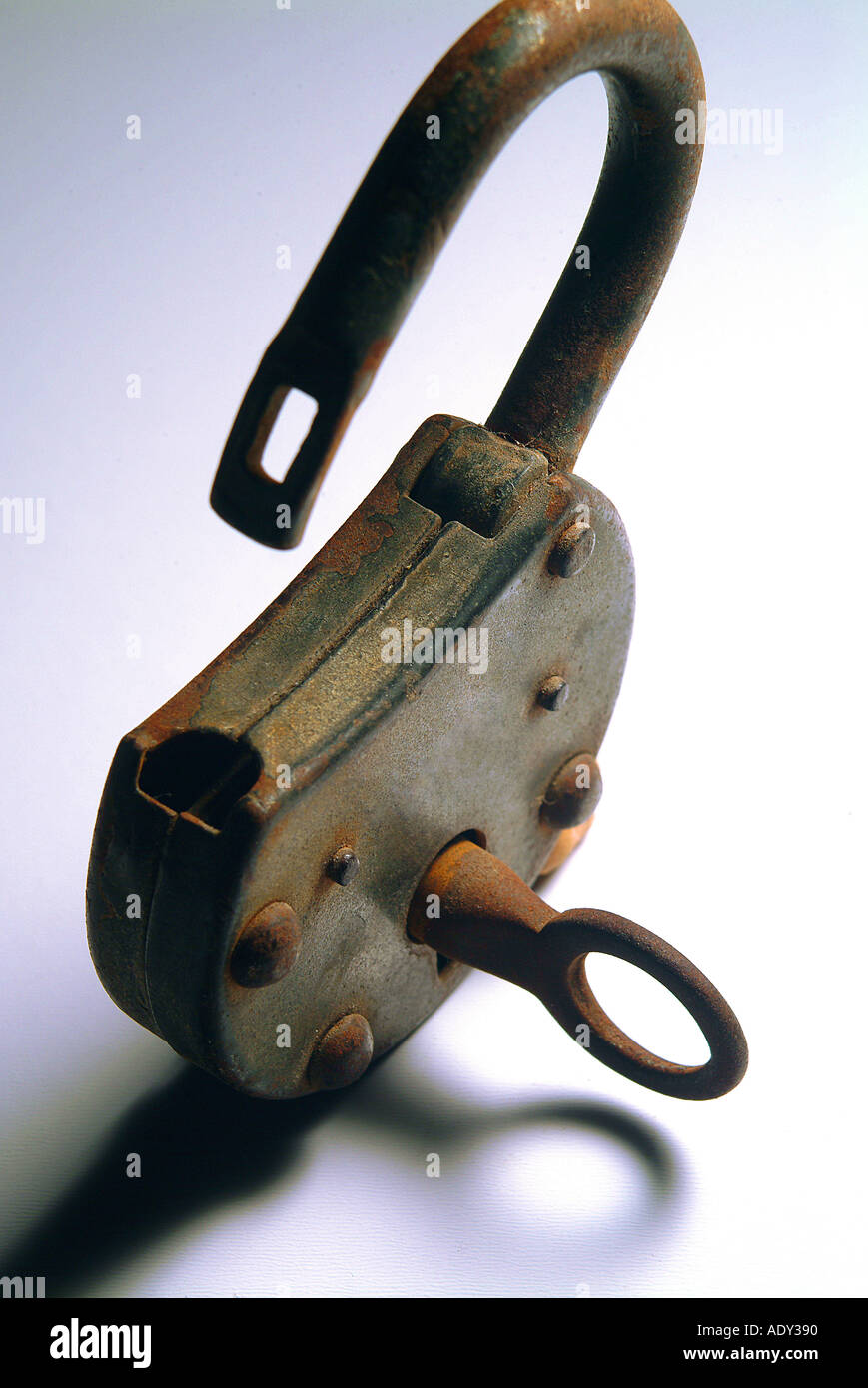 Business Concepts I padlock lock key open safety security object metal metallic old rusty rusted business concept Stock Photo