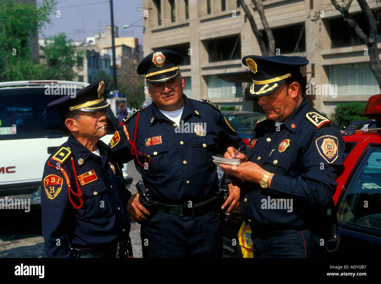 3, three, Mexican policemen, Mexican, policemen, police officers, Bank and Industry police, Mexico City, Federal District, Mexico Stock Photo