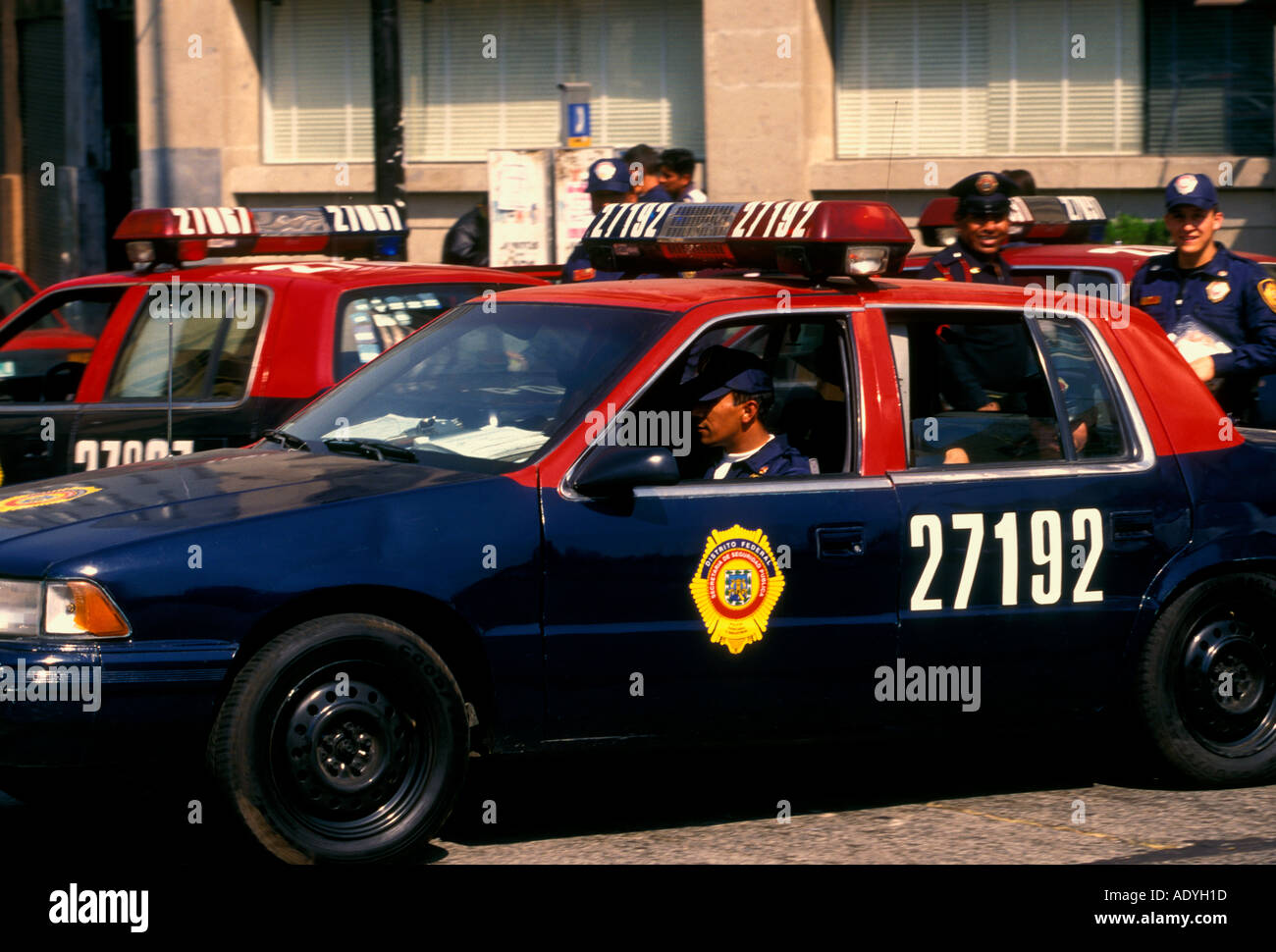 Mexican policeman, Mexican, policeman, police officer, sitting in police car, Bank and Industry police, Mexico City, Federal District, Mexico Stock Photo