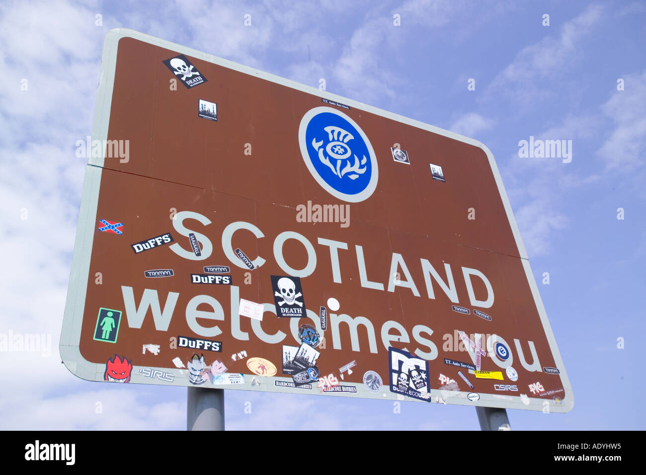 Welcome to Scotland sign at the Scottish border at Berwick upon tweed with graffiti Stock Photo