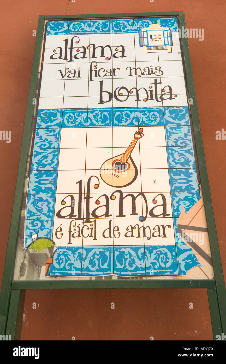Lisbon Portugal Alfama Publicity sign Alfama is Easy to love Stock Photo
