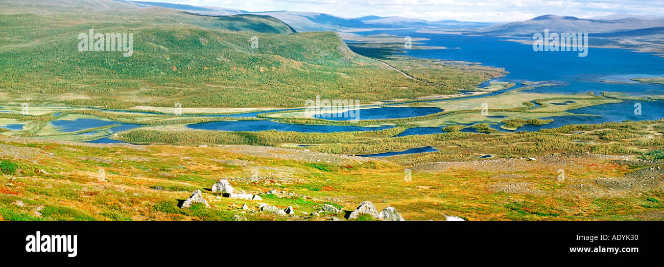 broad river delta with the lake Paitasjaervi, with view from top in autumn, Sweden, Lappland, Nikkaluokta, Aug 02. Stock Photo