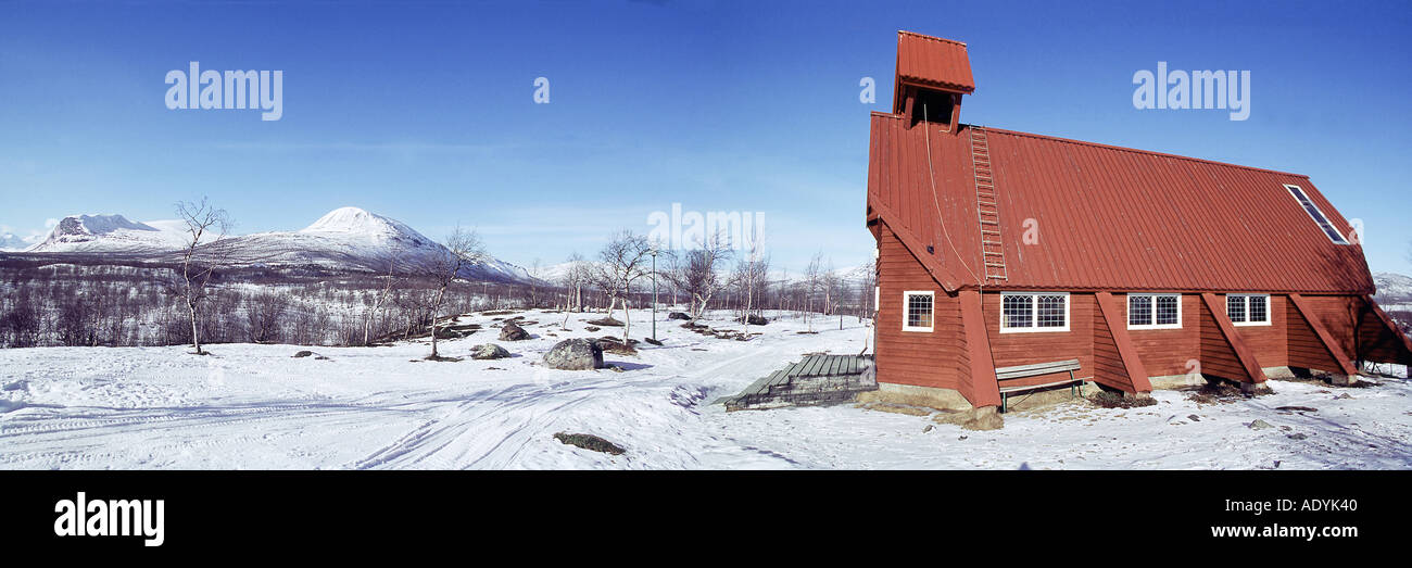 wooden church, red in winter Fjell, Sweden, Lappland, Nikkaluokta, 01.03.2004. Stock Photo