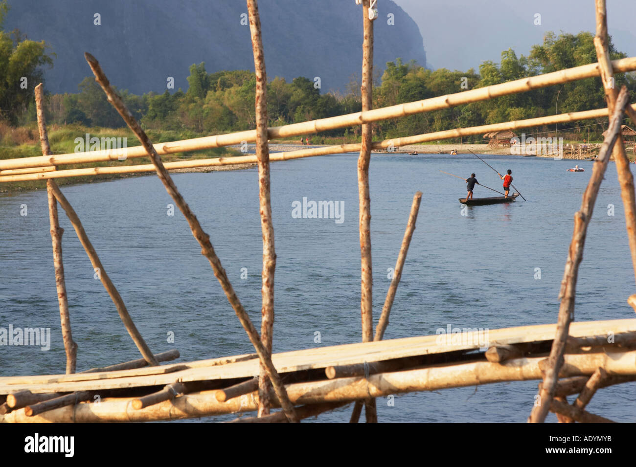 Boys Sailing Boat Down Nam Song River Stock Photo Alamy