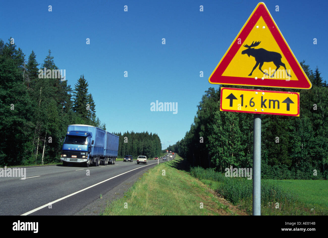 Finnische Strasse mit Elchschild Finland road with elk sign Stock Photo