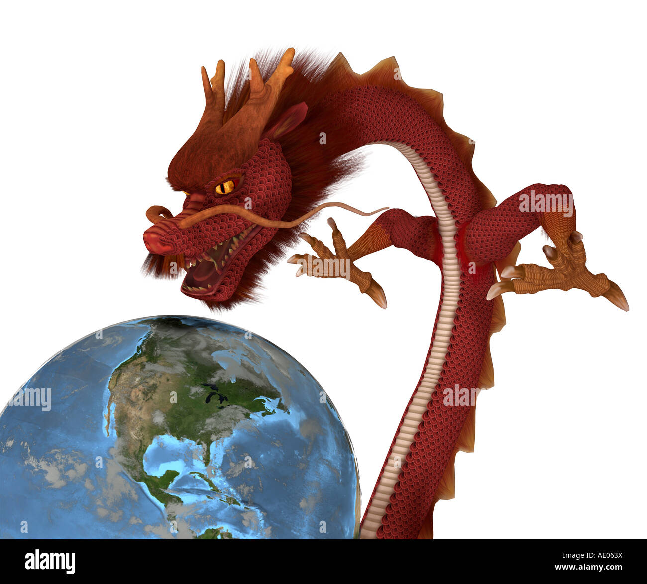 Symbolic graphic for the reciprocal effect of the Chinese economy symbolic as Drache with the world economy Stock Photo