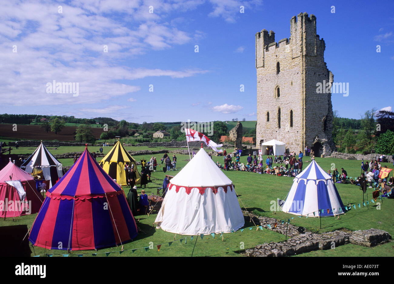 Helmsley Castle Yorkshire Medieval encampment, England, UK, colourful tents, historical re-enactment, history, travel, tourism Stock Photo