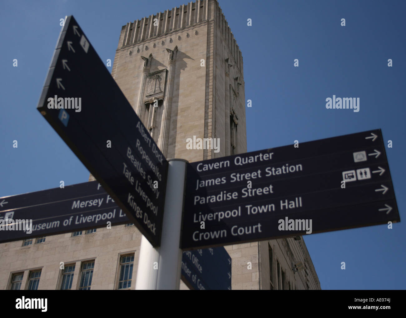 Liverpool direction sign at the Pier Head near to the Liver Buildings ...