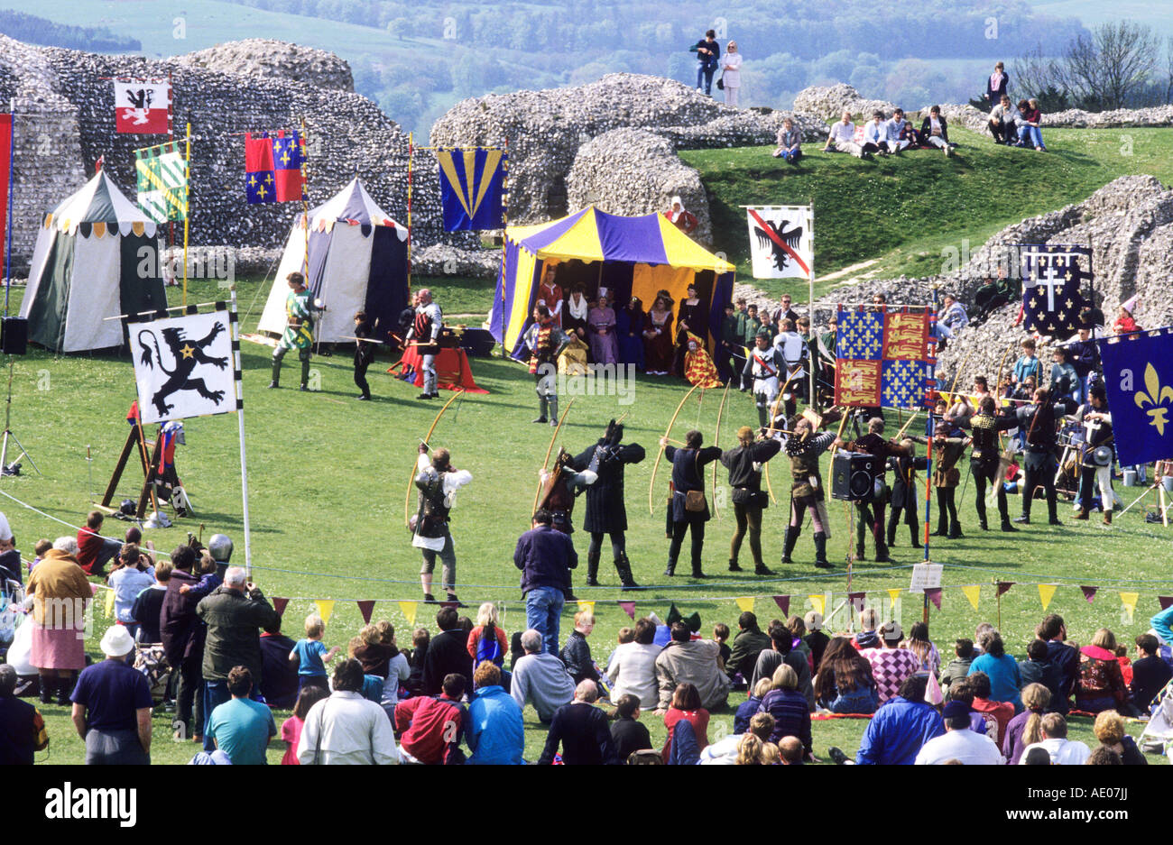 Medieval tourney Old Sarum Wiltshire England, UK, re-enactment, history, historical, archers, archer archery, bowmen, bowman, Stock Photo