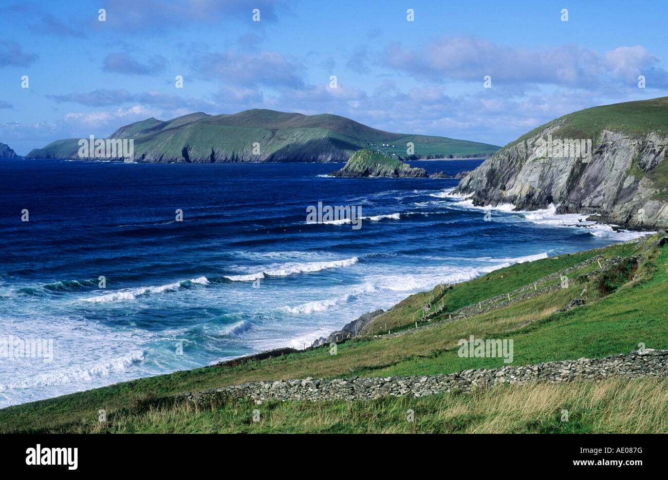 Slea Head and Great Blasket Island, County Kerry, Eire, Ireland, Irish coast, coastal scenery, travel, tourism, white breakers Stock Photo