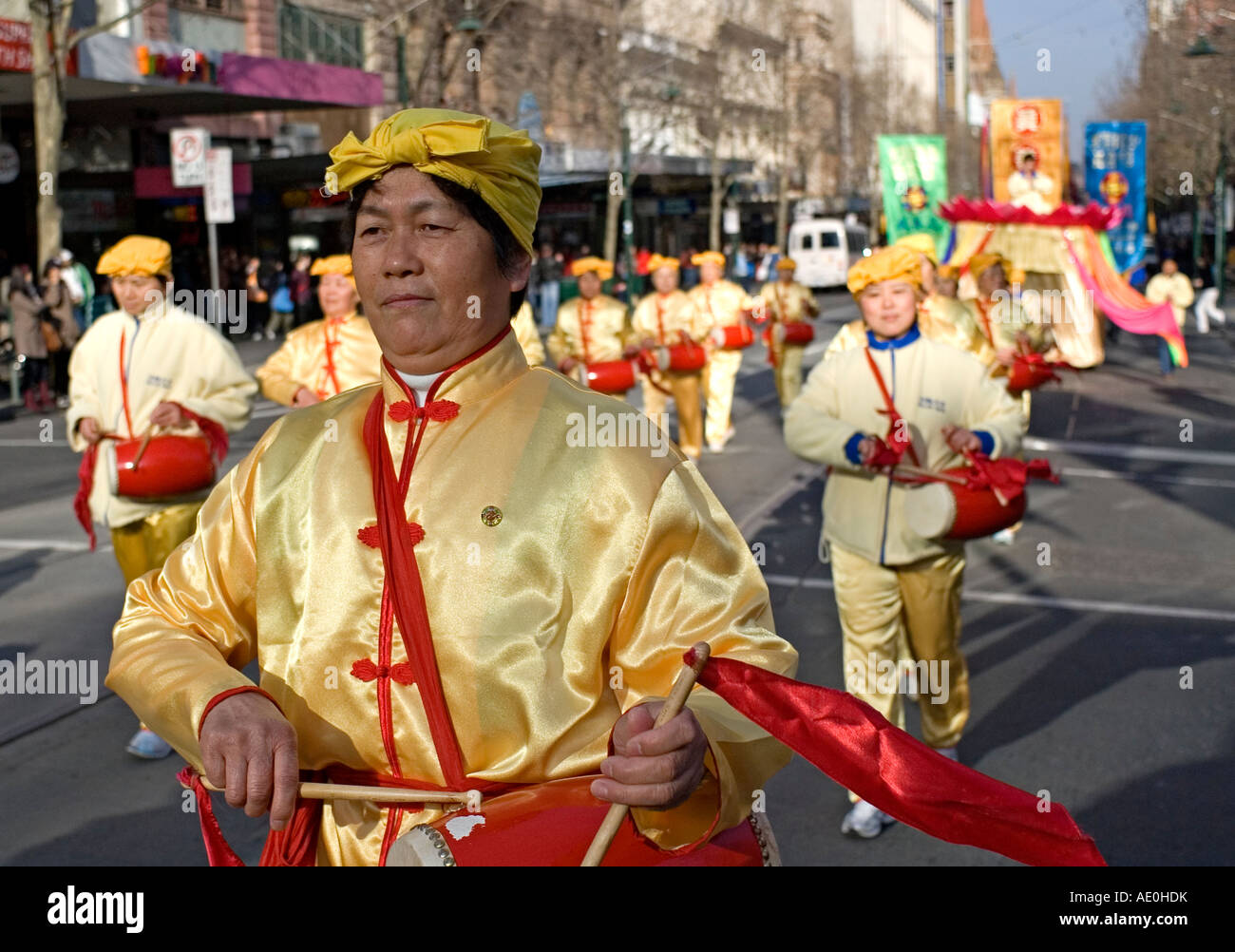 Falun Gong (Dafa) Practitioners Parade, Calling for Human Rights in China. Swanston Street, Melbourne, Australia. Stock Photo