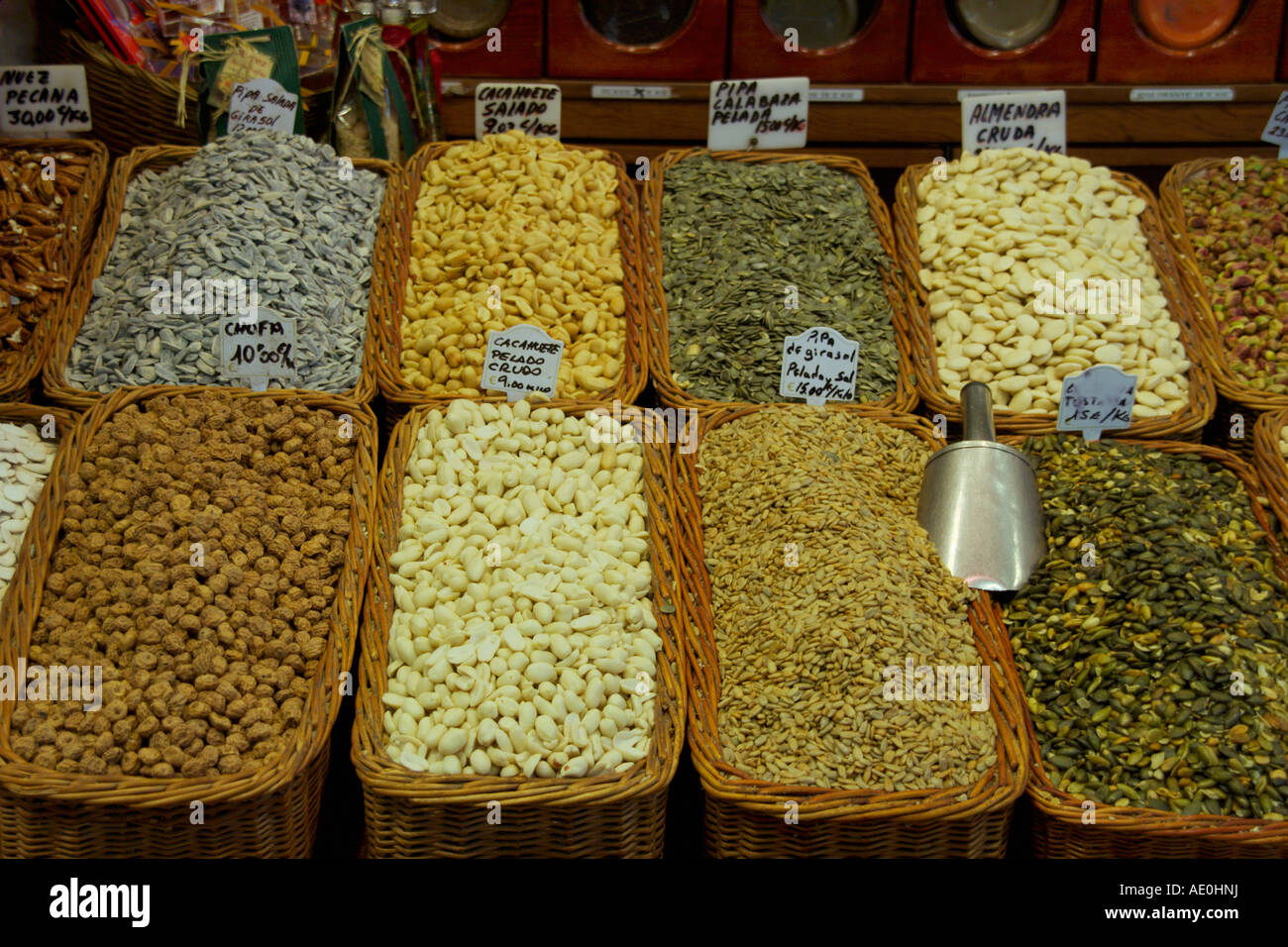 Nuts for sale at a food stall at Boqueria Market La Rambla Barcelona