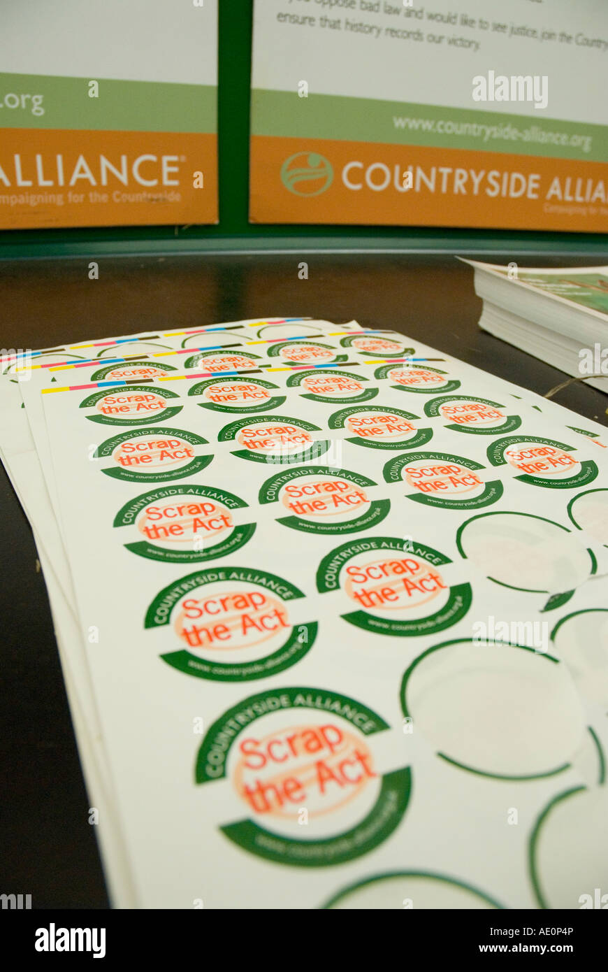Coutryside Alliance stickers calling for the abolition of the act banning fox hunting The Great Yorkshire Show Harrogate Stock Photo