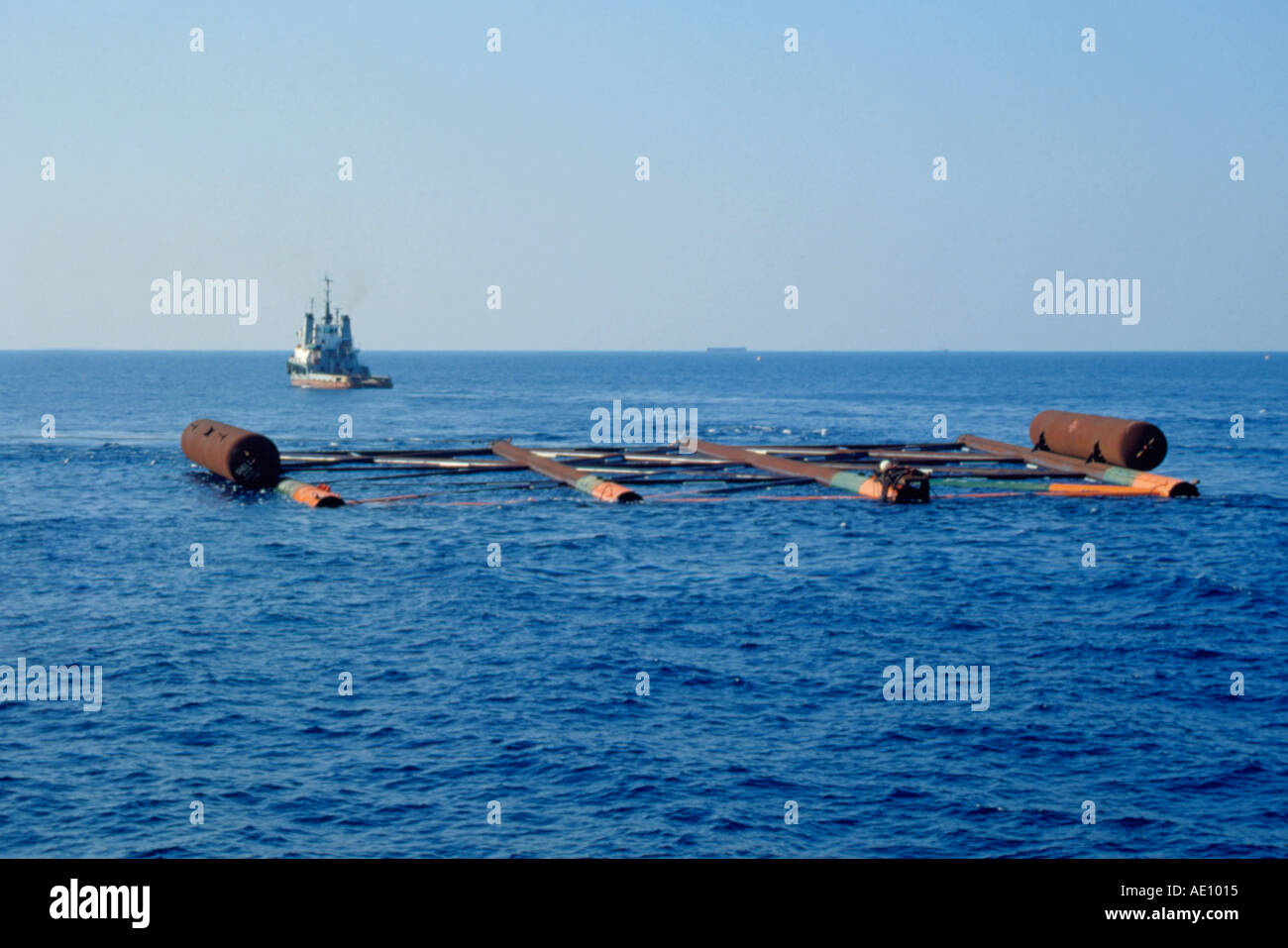 Oil platform jacket being floated into position, North Sea Stock Photo ...