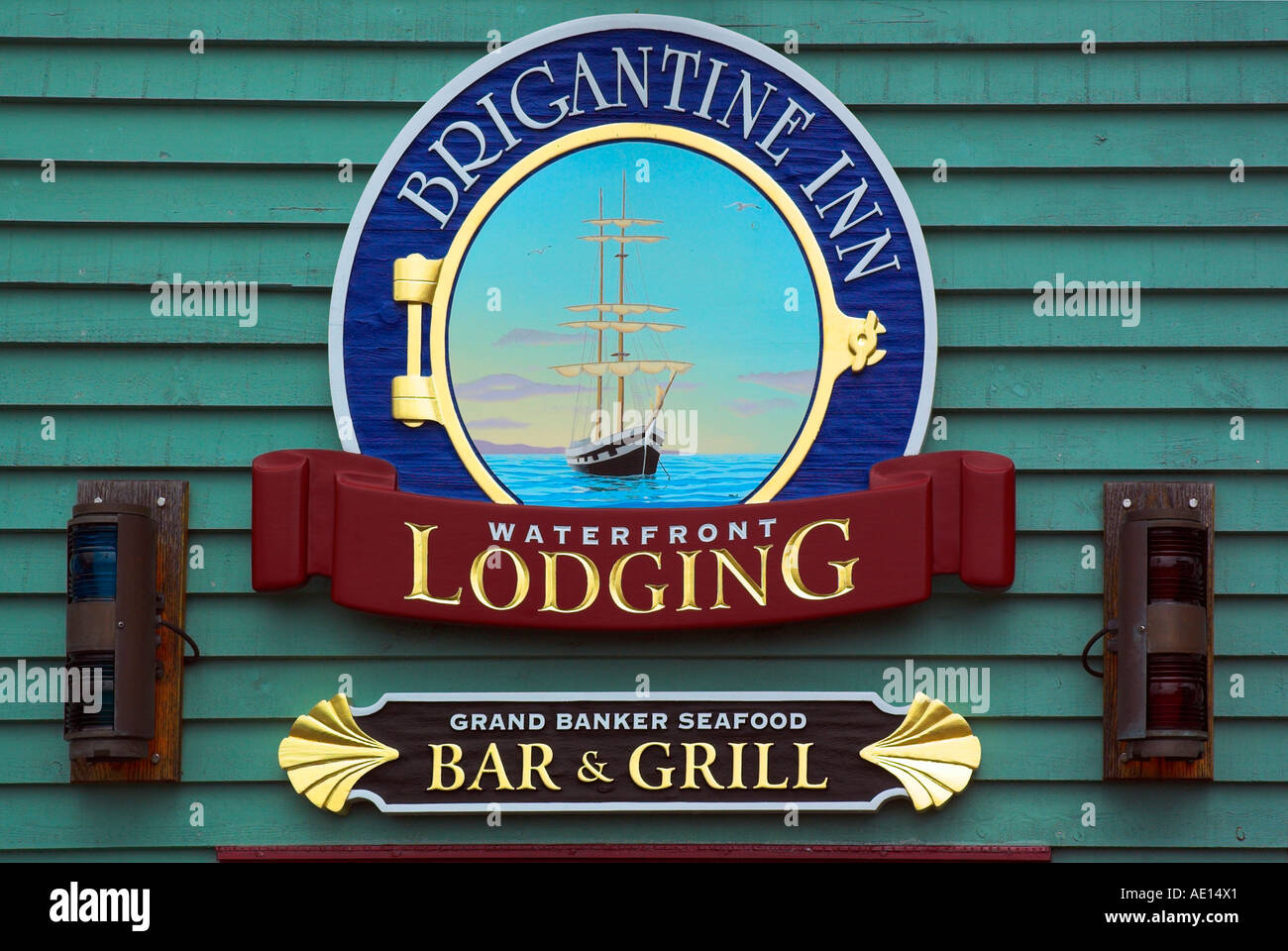 The brightly coloured sign for The Brigantine Inn in Lunenburg Nova
